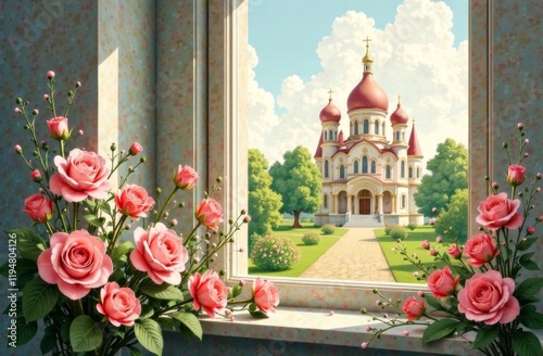 Easter postcard with indoor church and flowers in Russian style on one side, an illustration of Stishenry's Cathedral on another side. A bright spring day outside the window