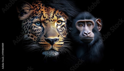 Leopard and Baboon Portrait on Black Background, Wildlife Conservation, Animal Themes photo