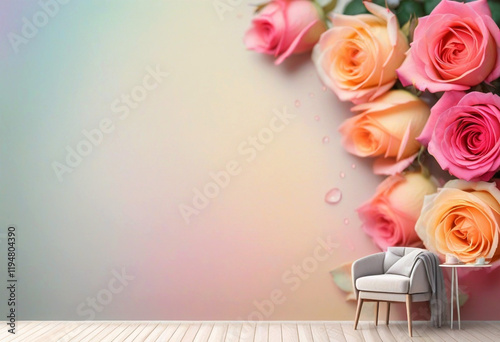 Red roses side of frame empty in center with soft background