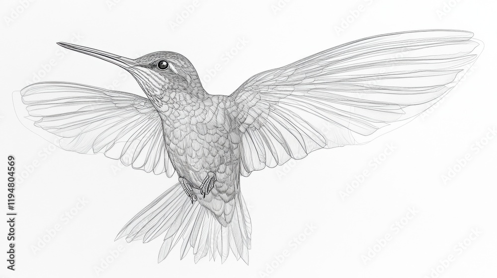 Fototapeta premium Detailed Sketch of a Hummingbird in Flight with Open Wings