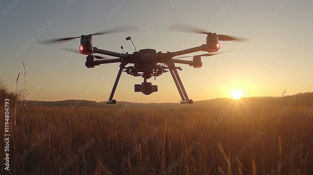 Drone Flying Over Golden Field at Sunset with Vibrant Sky Colors Drone Flying Over Golden Field at Sunset with Vibrant Sky Colors