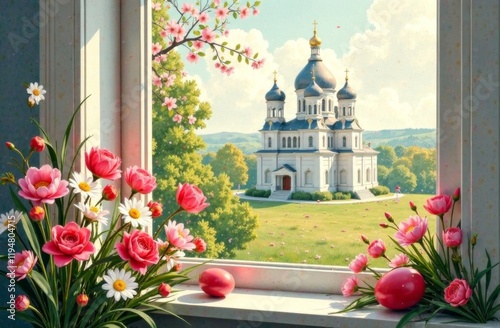 Easter postcard with indoor church and flowers in Russian style on one side, an illustration of Stishenry's Cathedral on another side. A bright spring day outside the window