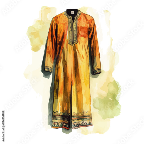 A watercolor painting of a Shalwar Kameez from Pakistan, isolated on a white background. Shalwar Kameez from Pakistan vector.
