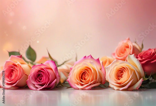 Red roses side of frame empty in center with soft background
