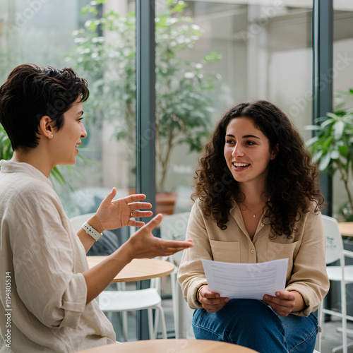 Two women are having a friendly discussion in a bright room with large windows and green plants.