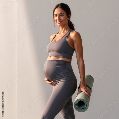 A pregnant woman in activewear holds a yoga mat. Wellness, prenatal fitness, healthy lifestyle, and self-care during pregnancy