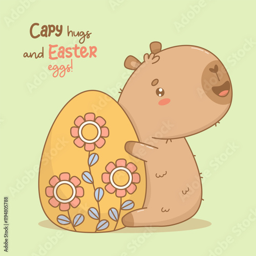 Cute Easter Capybara with big decorative  paschal egg. Happy cartoon kawaii character animal. Vector illustration. Holiday cool card with slogan congratulation. Kids collection.