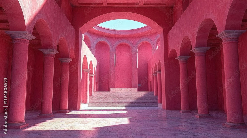 Pink Architectural Wonder: A mesmerizing view down a corridor of pink arches, a serene archway in the distance reveals a slice of blue sky. Pink Architectural Wonder: A mesmerizing view down a corridor of pink arches, a serene archway in the distance reveals a slice of blue sky.