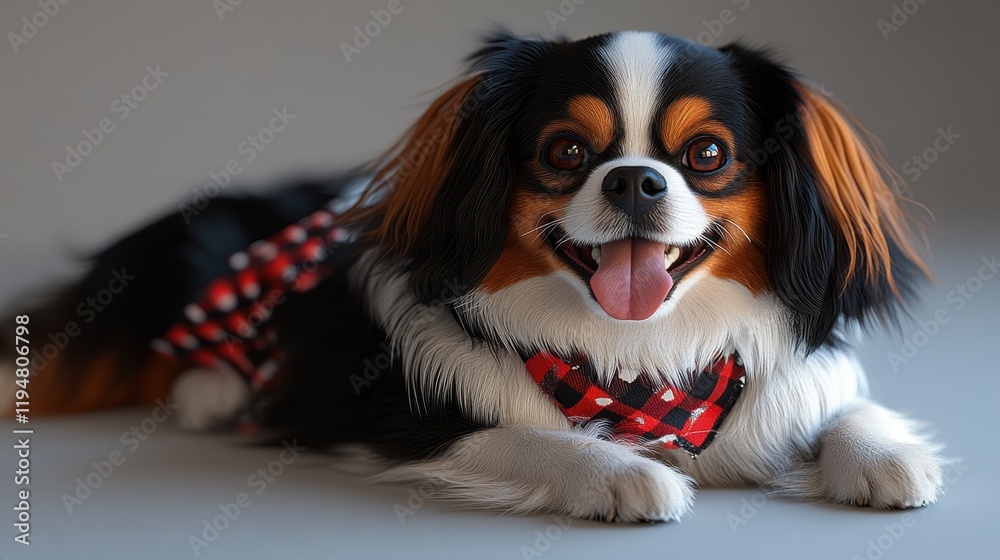 Adorable dog with vibrant fur and playful expression posing indoors Adorable dog with vibrant fur and playful expression posing indoors