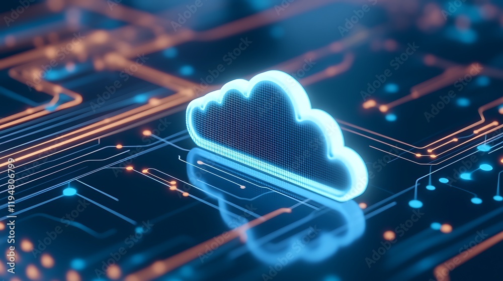 Digital Cloud Icon on Futuristic Circuit Board Background with Glowing Connections and Data Flow Visualization Digital Cloud Icon on Futuristic Circuit Board Background with Glowing Connections and Data Flow Visualization
