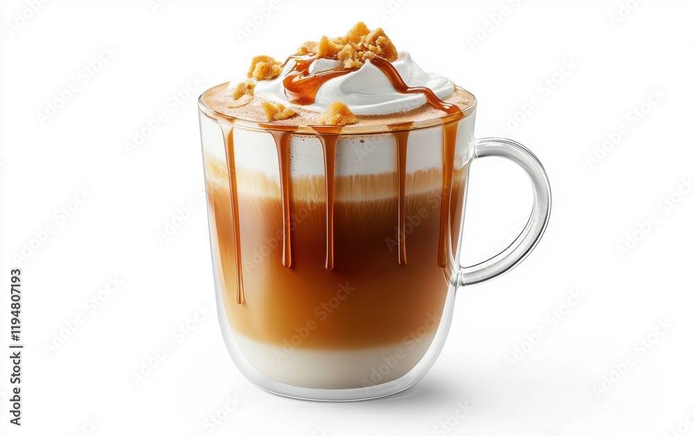 A velvety macchiato with caramel drips hovering dynamically on a clean white background A velvety macchiato with caramel drips hovering dynamically on a clean white background