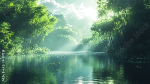 Tranquil Bamboo Forest with Sunlight Reflections Over Calm Water in a Serene Natural Landscape