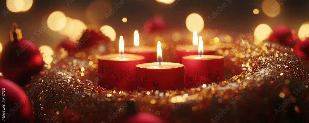 Advent Wreath with Candles: Festive wreath with candles, red and gold theme, cozy holiday decoration, Christmas atmosphere, warm light Advent Wreath with Candles: Festive wreath with candles, red and gold theme, cozy holiday decoration, Christmas atmosphere, warm light