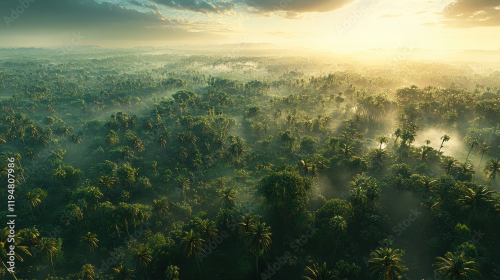 Fototapeta premium Lush Tropical Landscape with Sunrise and Mist Over Dense Forest