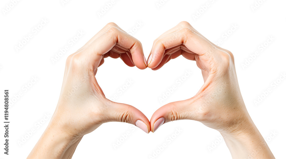 Two human hands forming a perfect heart shape against a white background