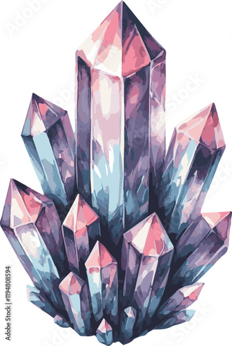 Watercolor isolated painting of a beautiful pink, violet and blue crystals on white background