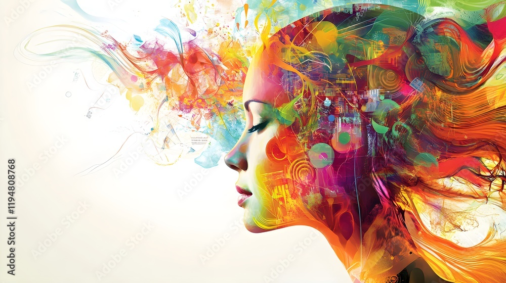 Fototapeta premium A conceptual image of a human head filled with colorful, swirling visuals and icons related to business and technology, portraying the flow of creative ideas and strategic thinking in a modern 