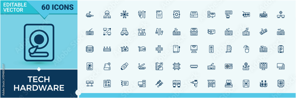 Tech Hardware icon set. Related to display, security, internet, cd, chip, cpu, gadget, smartphone. Set of line pictogram. Outline and solid pictogram. Tech Hardware icon set. Related to display, security, internet, cd, chip, cpu, gadget, smartphone. Set of line pictogram. Outline and solid pictogram.