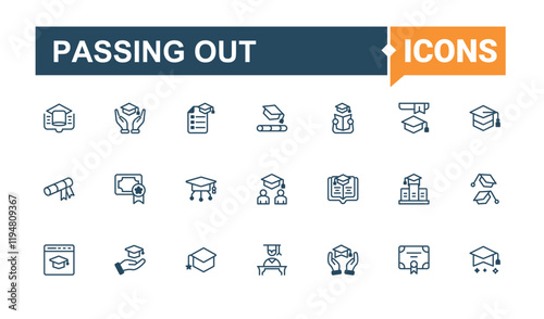 Passing Out icon pack. It contains symbols to book, university, college, learning, graduate, knowledge, student. Minimal linear icons. Solid line editable vector illustration.