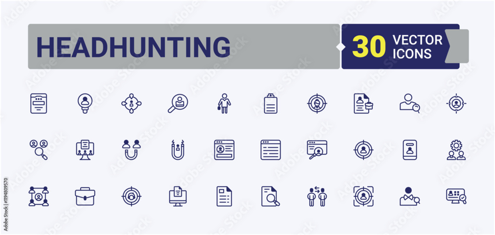 Fototapeta premium Headhunting icons set. Includes icons for communication, target, leadership, employment, growth, meeting, skill and more. Minimal icons. Solid line editable vector illustration.