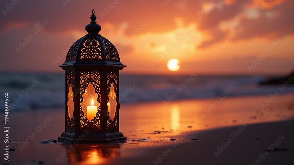 ramadan Ornate Moroccan lantern on beach glowing candle inside ramadan Ornate Moroccan lantern on beach glowing candle inside