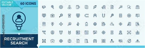 Recruitment Search icons set. It contains symbols to career, partnership, man, businessman, business, search. Outline symbol collection. Vector outline and solid icons collection.
