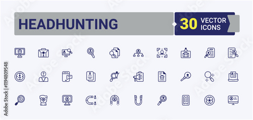 Headhunting icons set. Includes icons for communication, target, leadership, employment, growth, meeting, skill and more. Minimal icons. Solid line editable vector illustration.