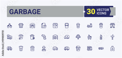 Garbage icon set. Contains related to trash, waste, junk, container, litter, basket, medical, conservation. Minimal icons. Vector outline and solid icons collection.