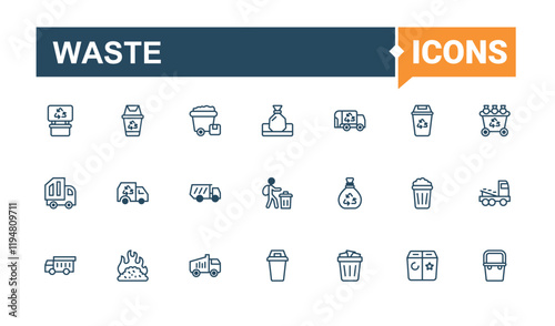 Trash linear icon collection. It contains symbols to rubbish, container, Garbage, conservation, reuse, eco and more. Minimal icons. Editable vector icon and illustration.