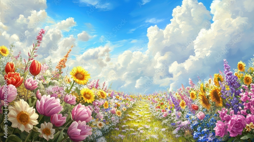Naklejka premium Vibrant Flower Path Leading To Sunny Skies