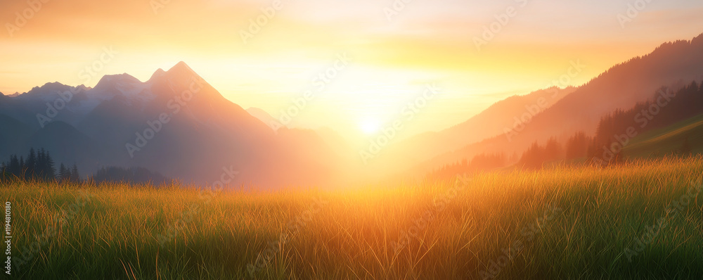 A stunning sunrise over a serene field and majestic mountains in the background. A stunning sunrise over a serene field and majestic mountains in the background.