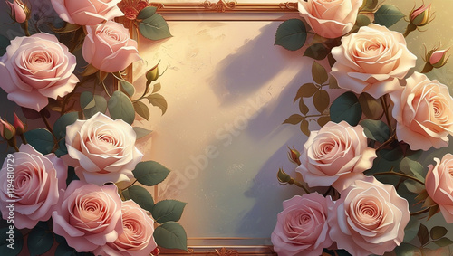 Red roses side of frame empty in center with soft background