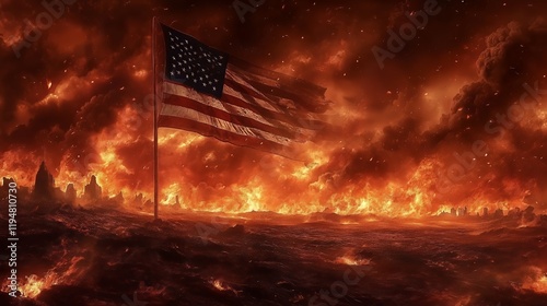 A burnt out american flag is in the middle of a fire