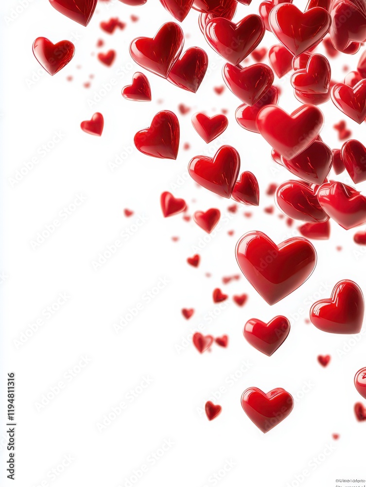 Different tender glossy red Hearts flying falling in motion on white background backdrop love illustration Different tender glossy red Hearts flying falling in motion on white background backdrop love illustration
