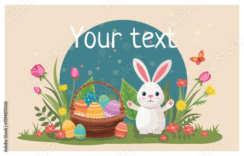 Easter light card in pastel colors with colored eggs, flowers and a cute bunny