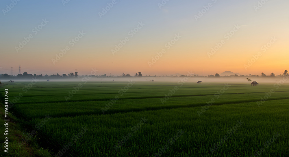 The stunning morning scenery in Indonesia showcases a panoramic landscape of vibrant paddy fields, illuminated by the natural light of the sky. The stunning morning scenery in Indonesia showcases a panoramic landscape of vibrant paddy fields, illuminated by the natural light of the sky.