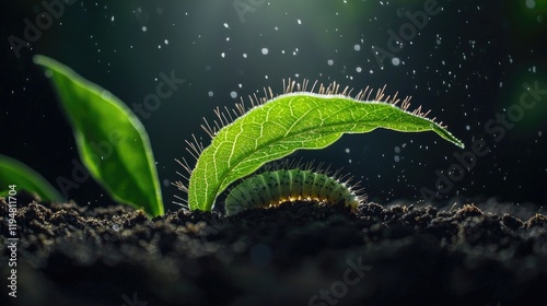 Caterpillar under a green leaf in soil. Insect, nature, leaf shelter, garden, close-up, detail, macro, green, crawling, ecology, wildlife, earth, foliage, life cycle, outdoors. Generative AI.