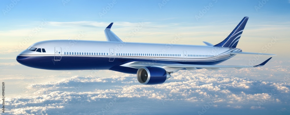 Fototapeta premium Airplane Travel: Realistic airplane model in the sky, focus on modern travel, blue skies, commercial aviation, light clouds