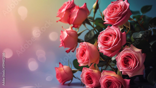 Red roses side of frame empty in center with soft background