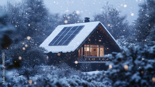 Snowy cabin with solar panels in winter forest, private house, countryside, snowing