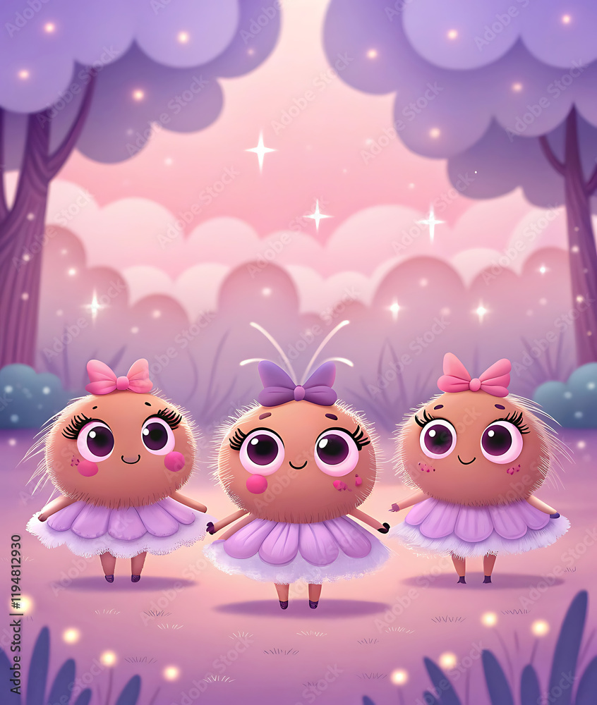 Obraz premium Adorable Cartoon Spiders in Ballerina Tutus and Pastel Wonderland