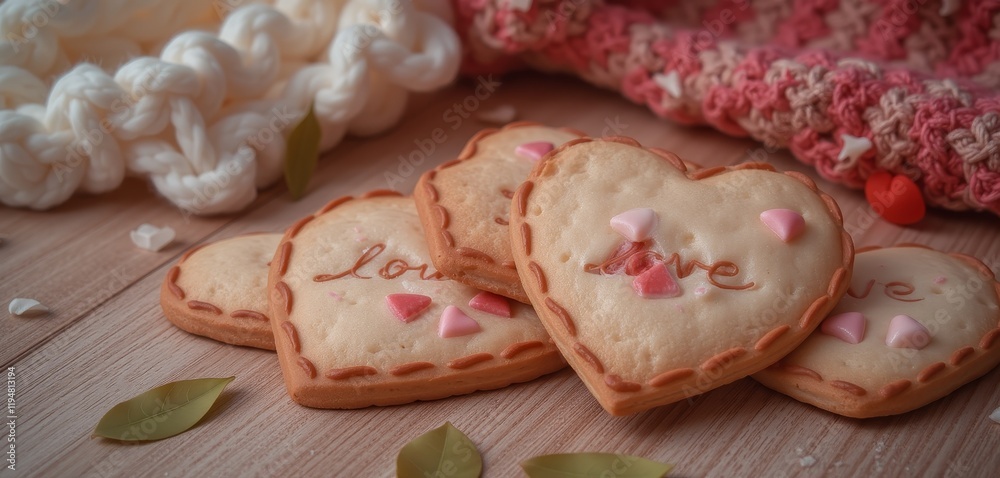 Heart-shaped sugar cookies with pink icing and love messages Heart-shaped sugar cookies with pink icing and love messages