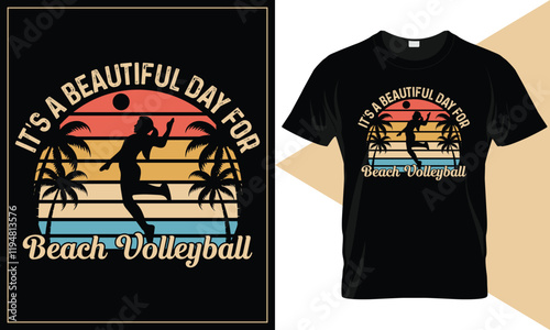 Beach Volleyball t-shirt design. Tiny island with volleyball between the palm-trees and game in action. Beach volleyball vintage typography silkscreen t-shirt print vector illustration.