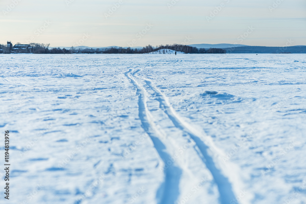 snow skiing, winter, frost, snow-covered lake, winter activity, sports pastime snow skiing, winter, frost, snow-covered lake, winter activity, sports pastime