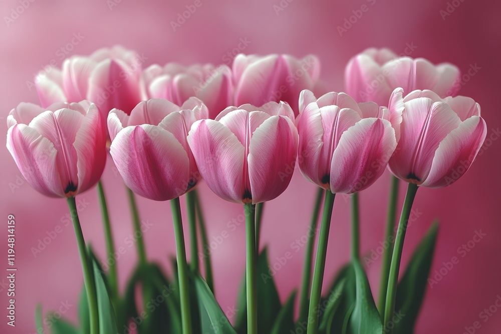 Fototapeta premium Pink Tulips in Bloom with Soft Focus Background for Floral Design and Spring Decor
