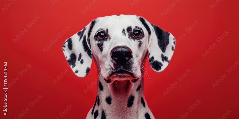 Dalmatian dog with distinctive black spots centered against a bright red background, creating a striking visual with ample text space. Dalmatian dog with distinctive black spots centered against a bright red background, creating a striking visual with ample text space.