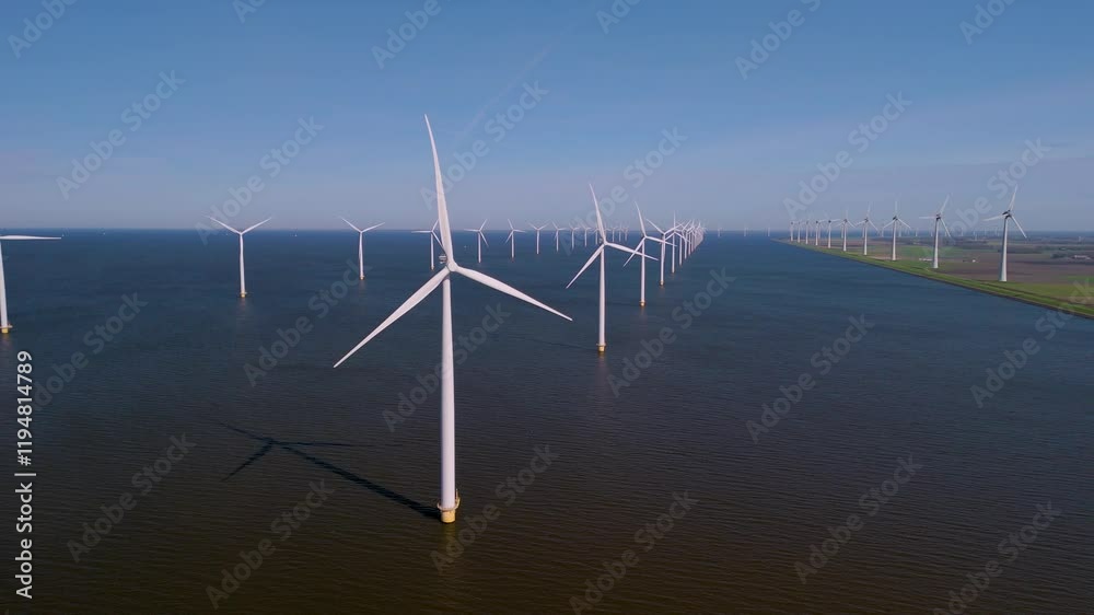Massive windmill turbines stand tall against the tranquil waters of the Netherlands, gracefully capturing the winds power. This stunning view showcases the harmony of technology and nature. Massive windmill turbines stand tall against the tranquil waters of the Netherlands, gracefully capturing the winds power. This stunning view showcases the harmony of technology and nature.