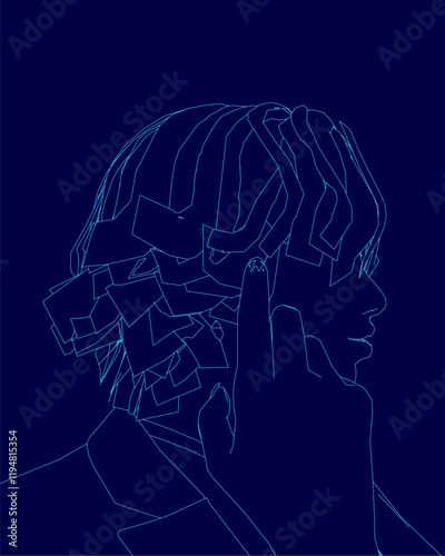 Woman is holding hand to her ear. The image is in blue and has a futuristic feel to it