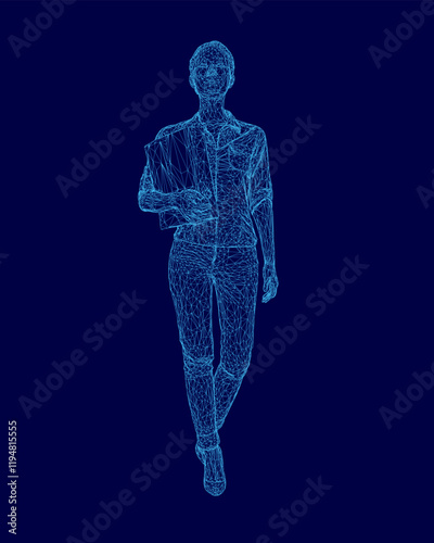 Woman is walking on a blue background. The woman is wearing a blue shirt and blue pants