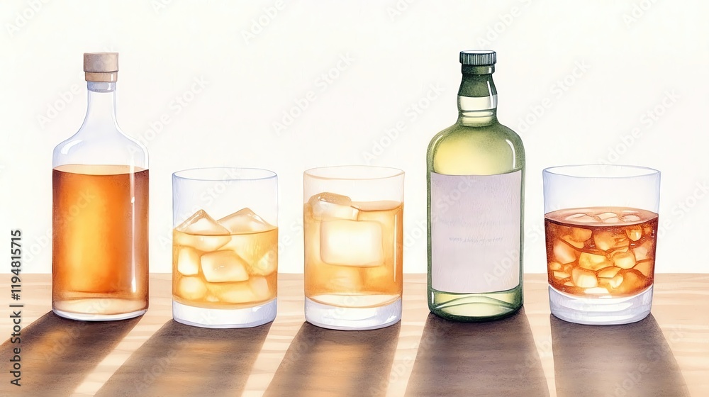 Variety of drinks featuring whiskey and ice. festive mood pastel minimal tone Variety of drinks featuring whiskey and ice. festive mood pastel minimal tone